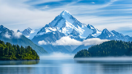 Fototapeta premium Majestic snow-capped mountain peak reflected in calm lake, misty valley, travel poster.