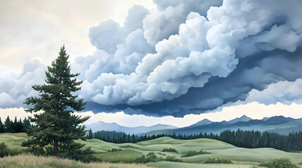 Majestic Storm Clouds Over Mountain Valley Landscape Painting.