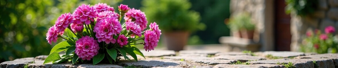 Fototapeta premium Full Valerian flower bouquet on a stone table, herbaceous, valerian