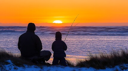 Father and Son Fishing at Sunset by the Ocean