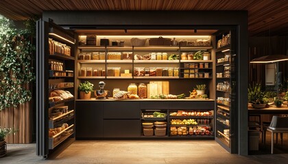 A sleek modern kitchen pantry featuring beautifully organized shelves with various food items, emphasizing both functionality and aesthetic appeal.
