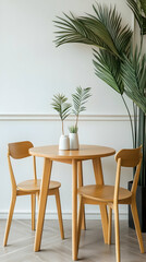 Minimalist Wooden Dining Set with Palm Plants in Modern Apartment.