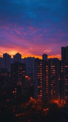 Obraz premium A vibrant sunset over a city skyline with illuminated buildings.