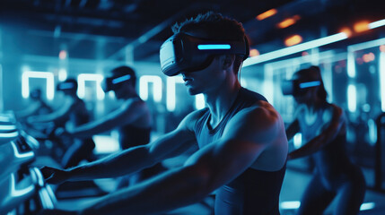 A man using a VR headset during a cycling workout in a high-tech gym with neon lighting and immersive technology.
