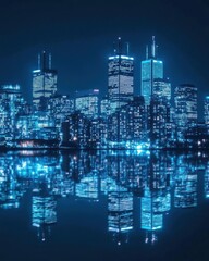 Nighttime city skyline with illuminated buildings reflecting in water.