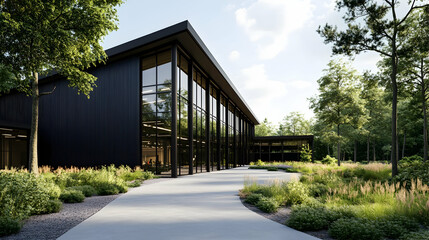 Modern black office building exterior, landscaped walkway, woodland background, architectural rendering.