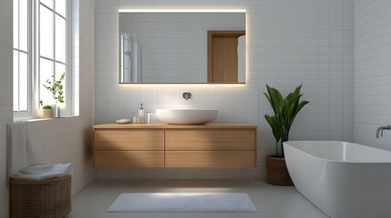 Modern minimalist bathroom design, sunlight, plant, bathtub, window, interior, home decor, website.
