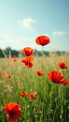 Obraz premium Red poppies sway gently in the breeze amidst a field of tall grass and wildflowers, blossom, gentle breeze