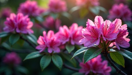 Obraz premium Rhododendron branches with clusters of small pink and purple flowers, nature, flowers