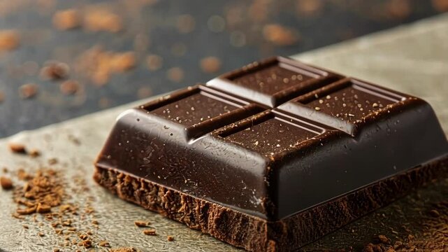 Dark Chocolate Square An extreme closeup of a single piece of dark chocolate resting on a textured surface. The rich shiny surface denotes indulgence while the lower sugar content