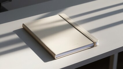 Beige Notebook Rests on White Table in Sunlight