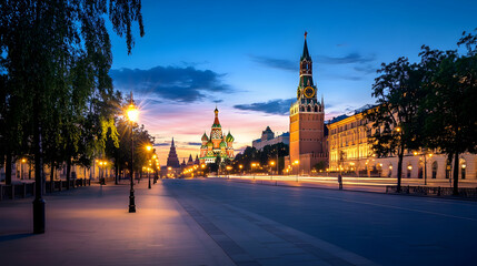 Naklejka premium Moscow Red Square sunrise, empty street, Kremlin view, travel photography.