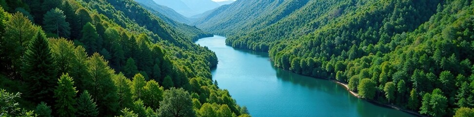 Obraz premium Smooth curves of a winding river through a forested valley, winding, blue