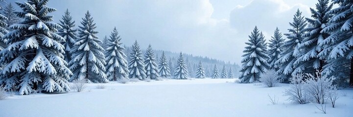 Fototapeta premium Snow-covered winter landscape in a small white square format, forest, snowflakes
