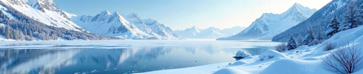 Snowy mountain scene with a frozen lake in the background, wintry, white