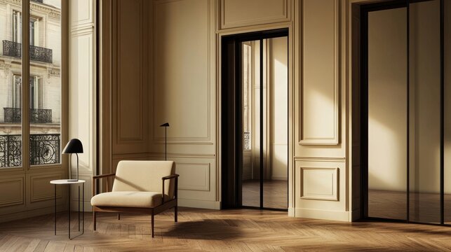 Sunlit Parisian apartment interior with armchair, hardwood floor, and large window.
