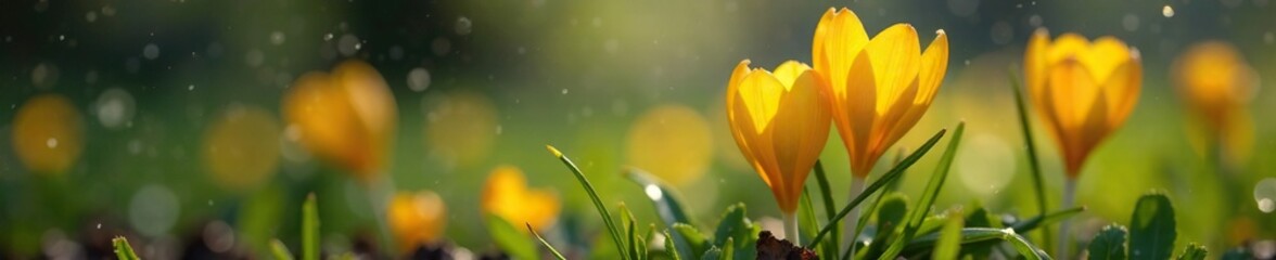Fototapeta premium Soft yellow petals of the crocus against the backdrop of spring rain, soft, spring