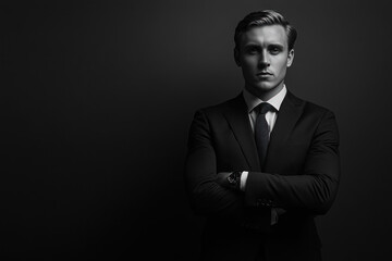 Fototapeta premium Man in suit and tie with arms crossed.