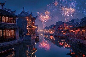 Fototapeta premium Spectacular Fireworks over Ancient Chinese Water Town at Night