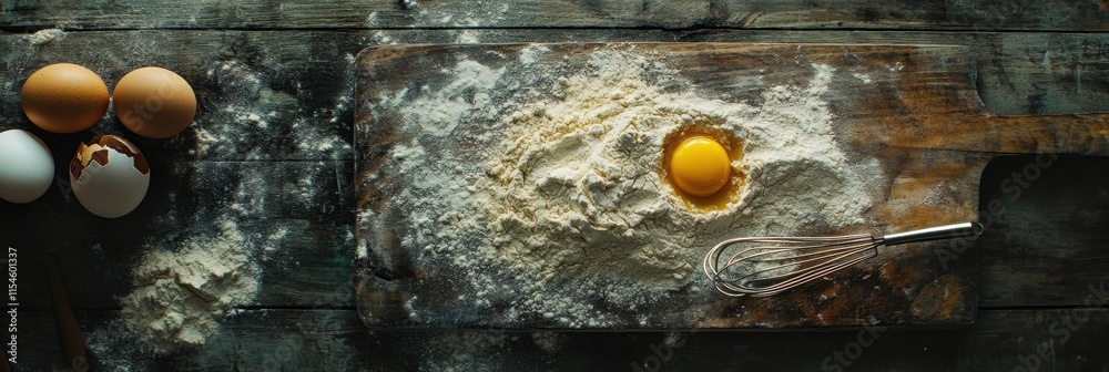 Aufkleber top down view of a wooden board with flour egg and whisk ready for baking preparation at a cozy kitc