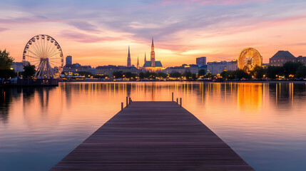 Obraz premium Peaceful sunset over Vienna, Austria, with Ferris wheel & city reflection; postcard, travel brochure.