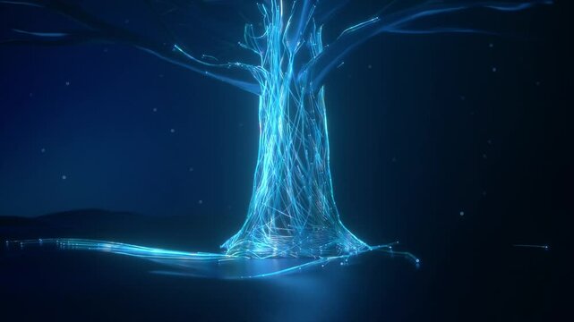 Technology particle lines entwine and flow on the tree, data flow high tech tree. Glare particle light aesthetic information technology wisdom tree, animation of technology circuit board tree.