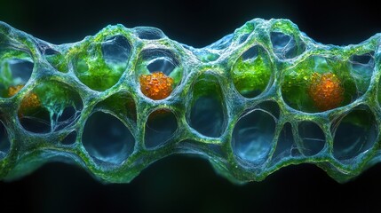 Microscopic view of a porous, bioluminescent structure with orange spheres inside.