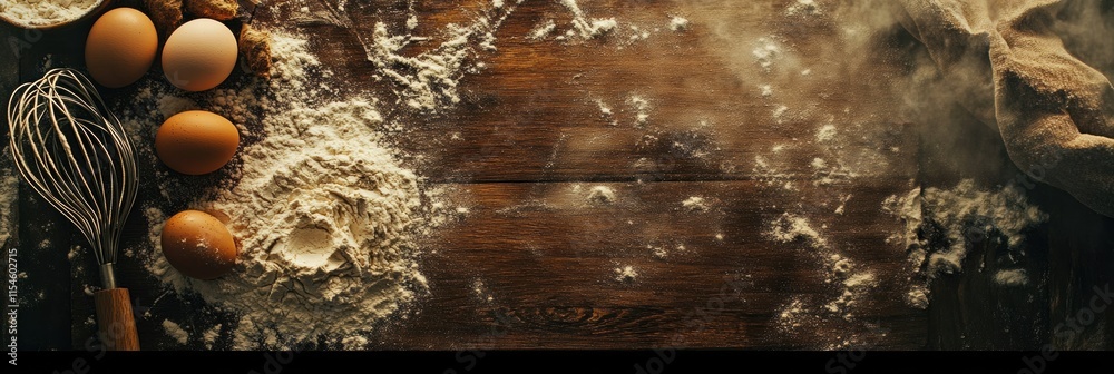 Poster top down view of a wooden surface with scattered flour and a cracked egg for baking activities in a 