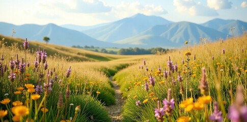 Obraz premium Dense tussocks of tall grasses in wind-swept landscape, wildflowers, wilderness