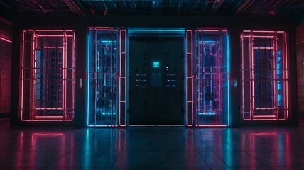 Secure Vault Door Embedded In A Digital Grid, Surrounded By Neon Lights And Holographic Firewalls
