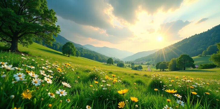 Descripci?n de un paisaje iluminado por el sol con praderas verdes y flores silvestres brillantes, nubes, verde, pradera