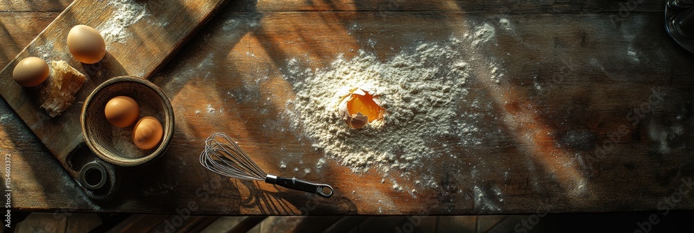 Aufkleber top down view of a wooden board with flour and cracked egg ready for baking on a sunny morning. gene