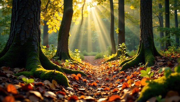 Forest floor with fallen zirben branches and leaves under warm sunlight, forest, earthy