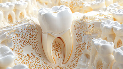 detailed 3D rendering of tooth cross section, showcasing intricate structures and textures. image highlights enamel, dentin, and pulp, emphasizing dental anatomy and health