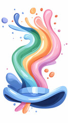 Fototapeta premium Rainbow paint splash from hat; vibrant, playful design element for kids' book, website, or app.
