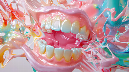 Colorful abstract design featuring mouth with teeth, surrounded by vibrant, swirling paint. This modern artwork combines elements of dental aesthetics and artistic expression