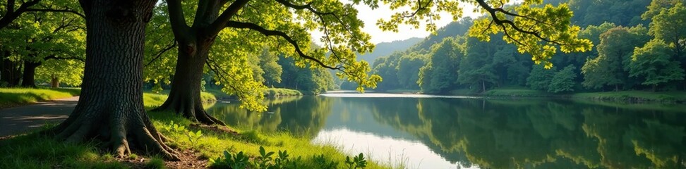 Oak trees and a serene forest lake blend seamlessly together in harmony creating a sense of peacefulness and calmness, oak trees, tree bark, scenery
