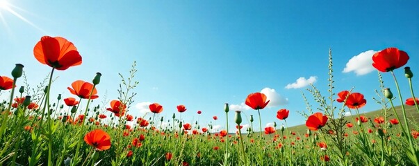 Obraz premium Poppies and wildflowers against a clear blue sky, natural, landscape