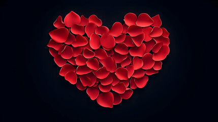 Red rose petals heart shape, dark background, Valentine's Day, romantic, love.