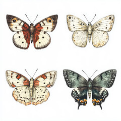 Naklejka premium Detailed Illustration of Four Beautiful Butterflies Displaying Varied Patterns and Colors Against a Plain Background