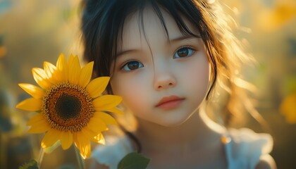 Fototapeta premium Girl carrying sunflower, girl holding flower, girl, sunflower