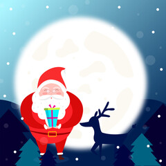 Fototapeta premium Vector image of Santa Claus standing with radiant deer, behind him is a beautiful moon.
