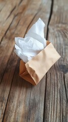 A small, folded paper container holding crumpled tissue paper.