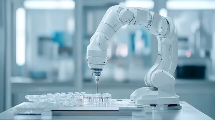 Robotic arm precisely dispensing samples in a modern lab; automation, research, technology, healthcare.
