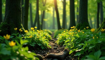 Spring forest with lesser celandine growing through trees, woodland, nature, growth