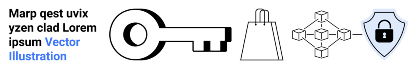 Text, large key, shopping bag, blockchain network, and security shield with padlock. Ideal for technology, cybersecurity, e-commerce, online shopping data protection blockchain technology network