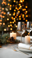 Romantic Christmas Eve Dinner Table Setting with Candles and Lights.