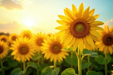 Obraz premium Tall sunflowers with golden petals facing the warm sunlight, yellow, proud