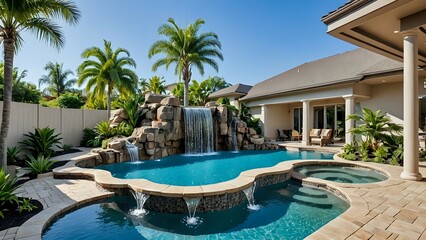 Waterfall and swimming pool in the yard, real estate 