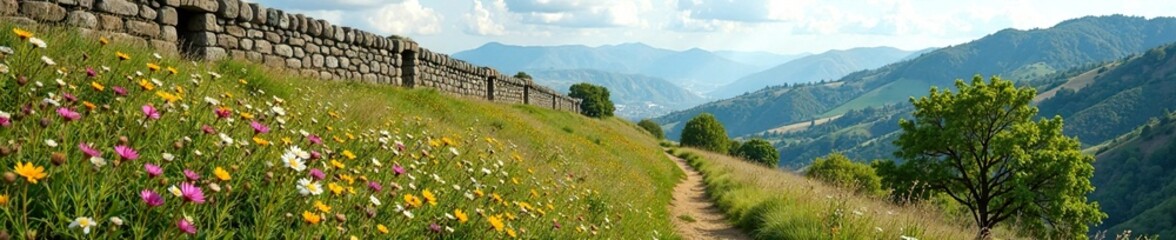 Fototapeta premium Weathered stone walls and wildflowers on hillside, hillside, landscape